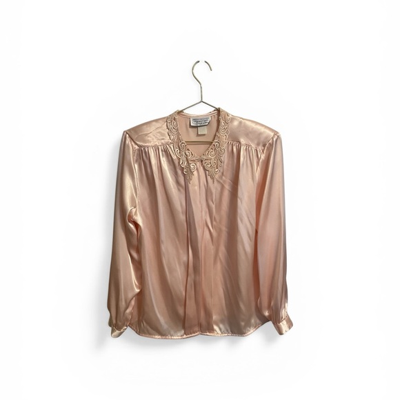 Vintage Impressions of California Peach Satin Lace Collar Blouse Size 14 80s 90s - Picture 6 of 8